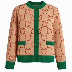 Beige Knit Cardigan with Bear Motif & Green Trim